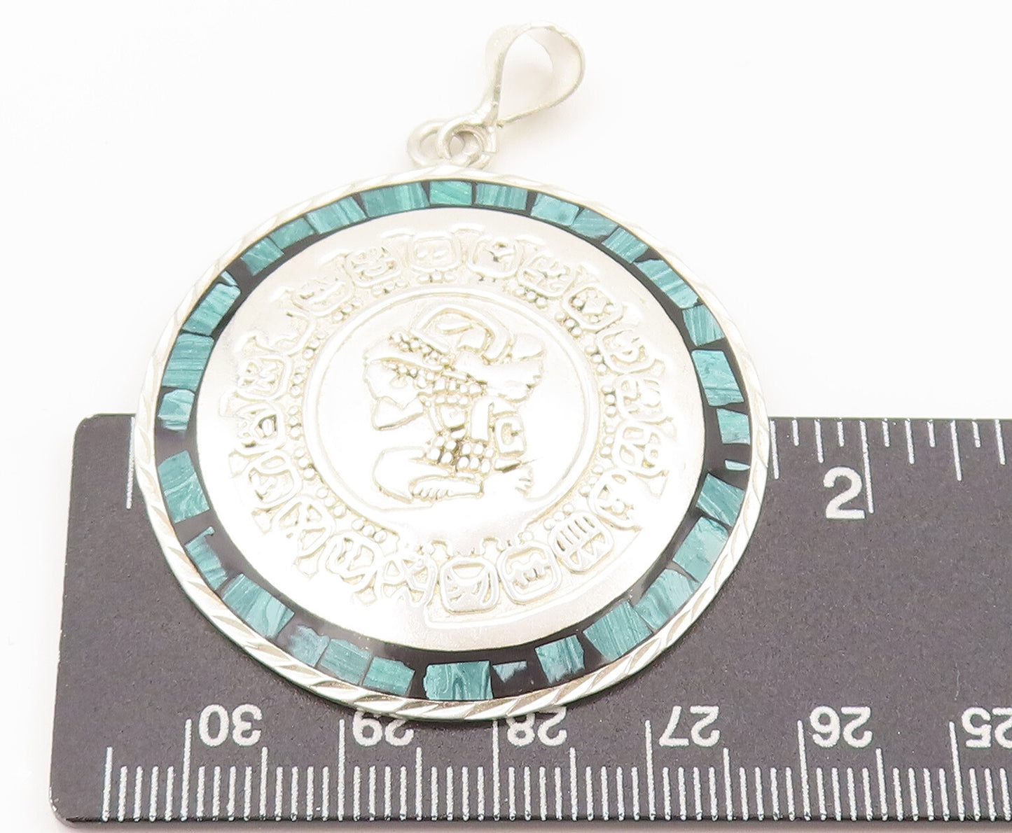 MEXICO 925 Sterling Silver  Vintage Carved Inlay Malachite Pendant  PT22368