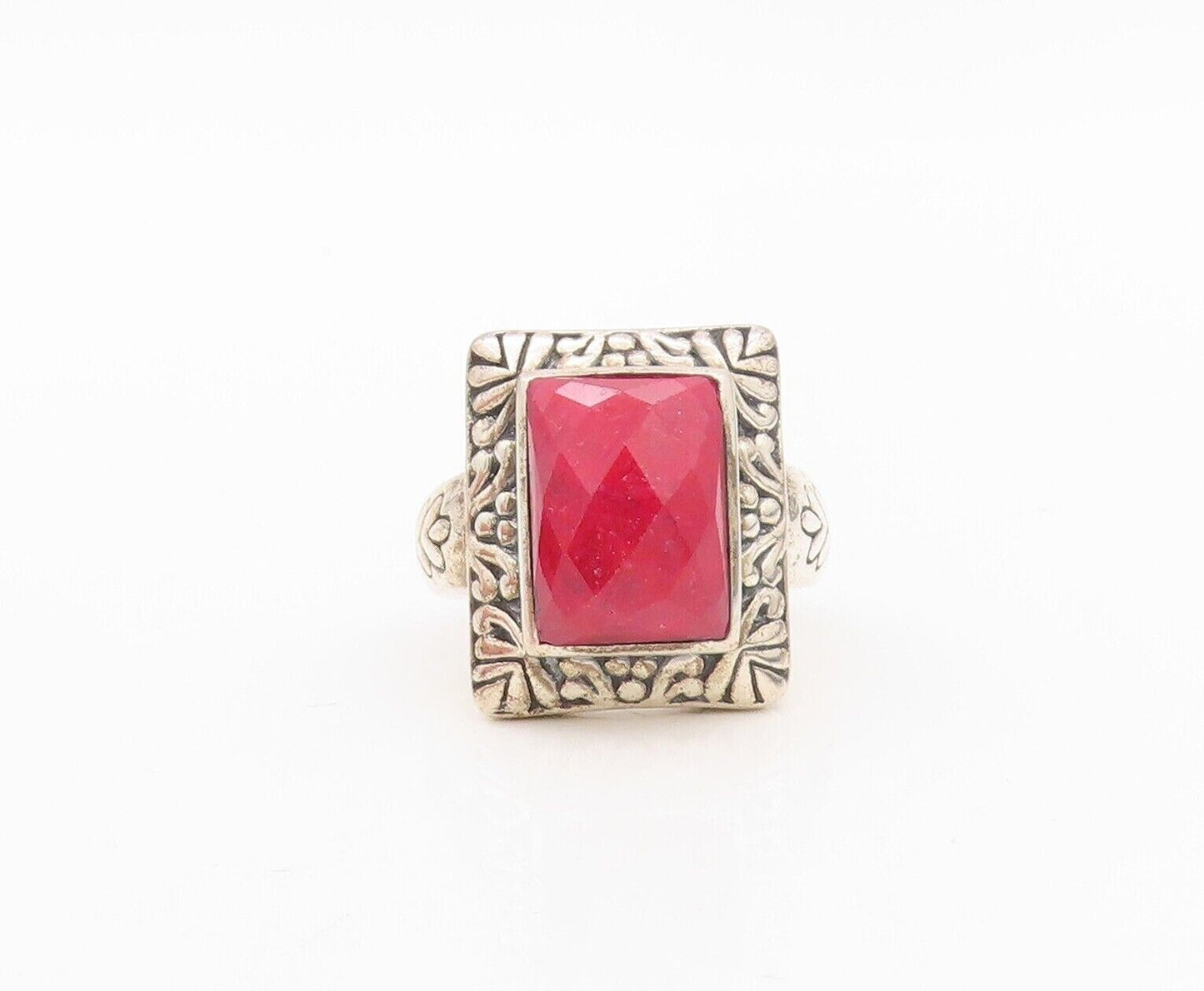 925 Sterling Silver Vintage Ring Floral Carved Frame Red Gemstone  Sz 8  RG30225
