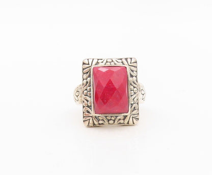 925 Sterling Silver Vintage Ring Floral Carved Frame Red Gemstone  Sz 8  RG30225