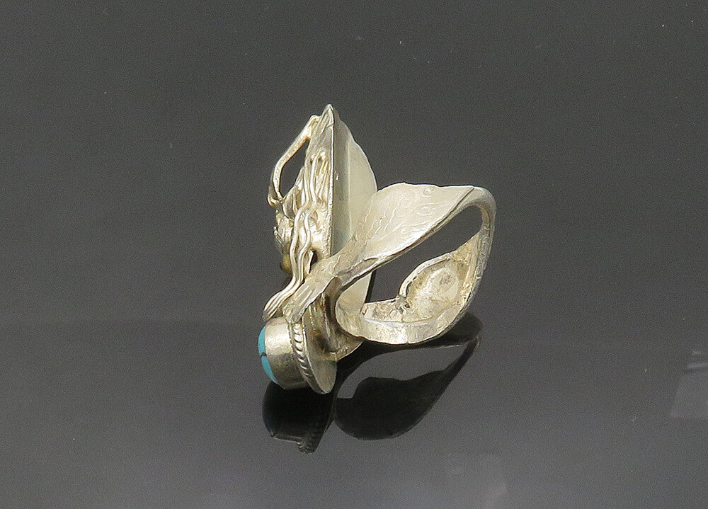 925 Silver  Vintage Turquoise & Black Onyx Dragon Head Ring Sz 9.5  RG20050