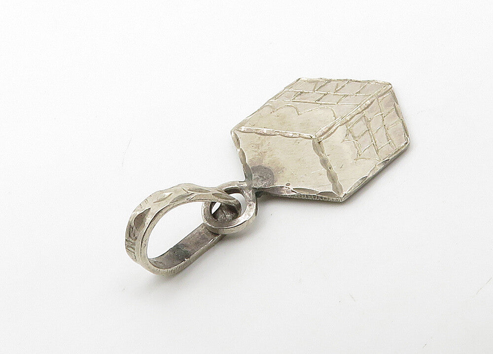 925 Sterling Silver  Vintage Brick Layer Cube Shiny Etched Pendant  PT17232