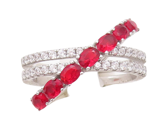 925 Sterling Silver Vintage Ring Designer Cutout Garnet & CZ Bands Sz 7  RG30399