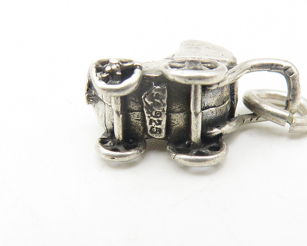 925 Sterling Silver  Vintage Petite Dark Tone Baby Carriage Pendant  PT9386