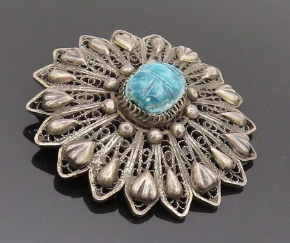 MIDDLE EAST 925 Silver  Vintage Carved Scarab Floral Brooch Pin  BP10307