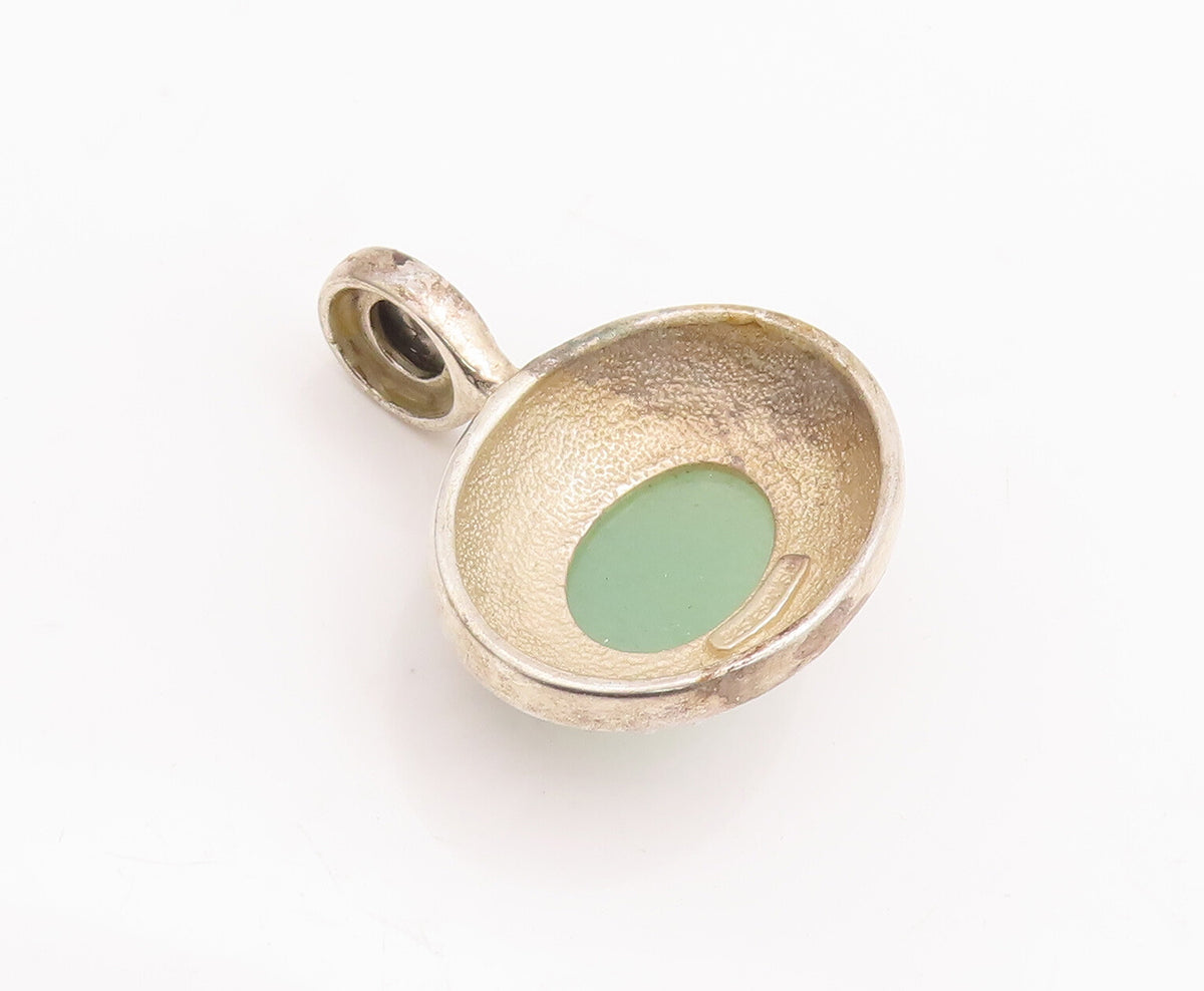925 Sterling Silver Vintage Pendant ESPO Domed Oval Green Agate Etched  PT23252