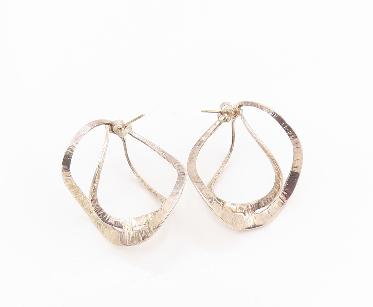 14k Gold & 925 Sterling Silver Vintage Earrings Double Wavy Open Hoops  EG13988