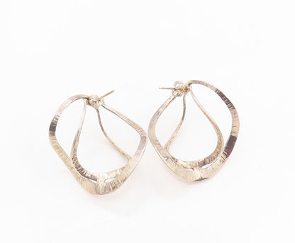 14k Gold & 925 Sterling Silver Vintage Earrings Double Wavy Open Hoops  EG13988