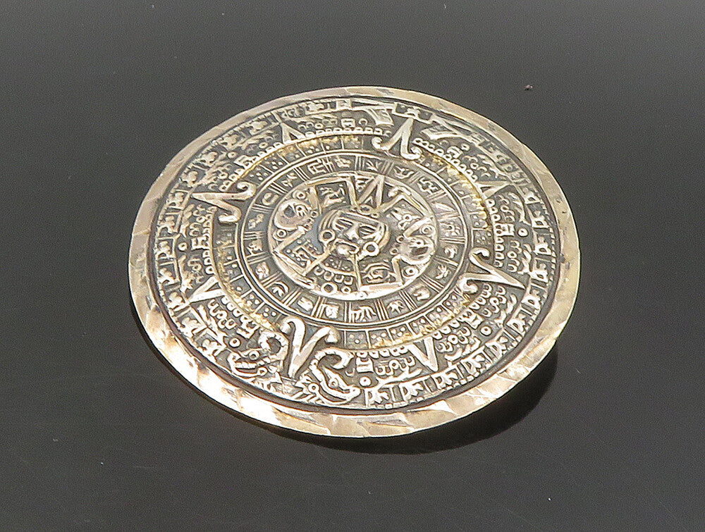 MEXICO 925 Sterling Silver Vintage Mayan Aztec Sun Calendar Brooch Pin BP9309