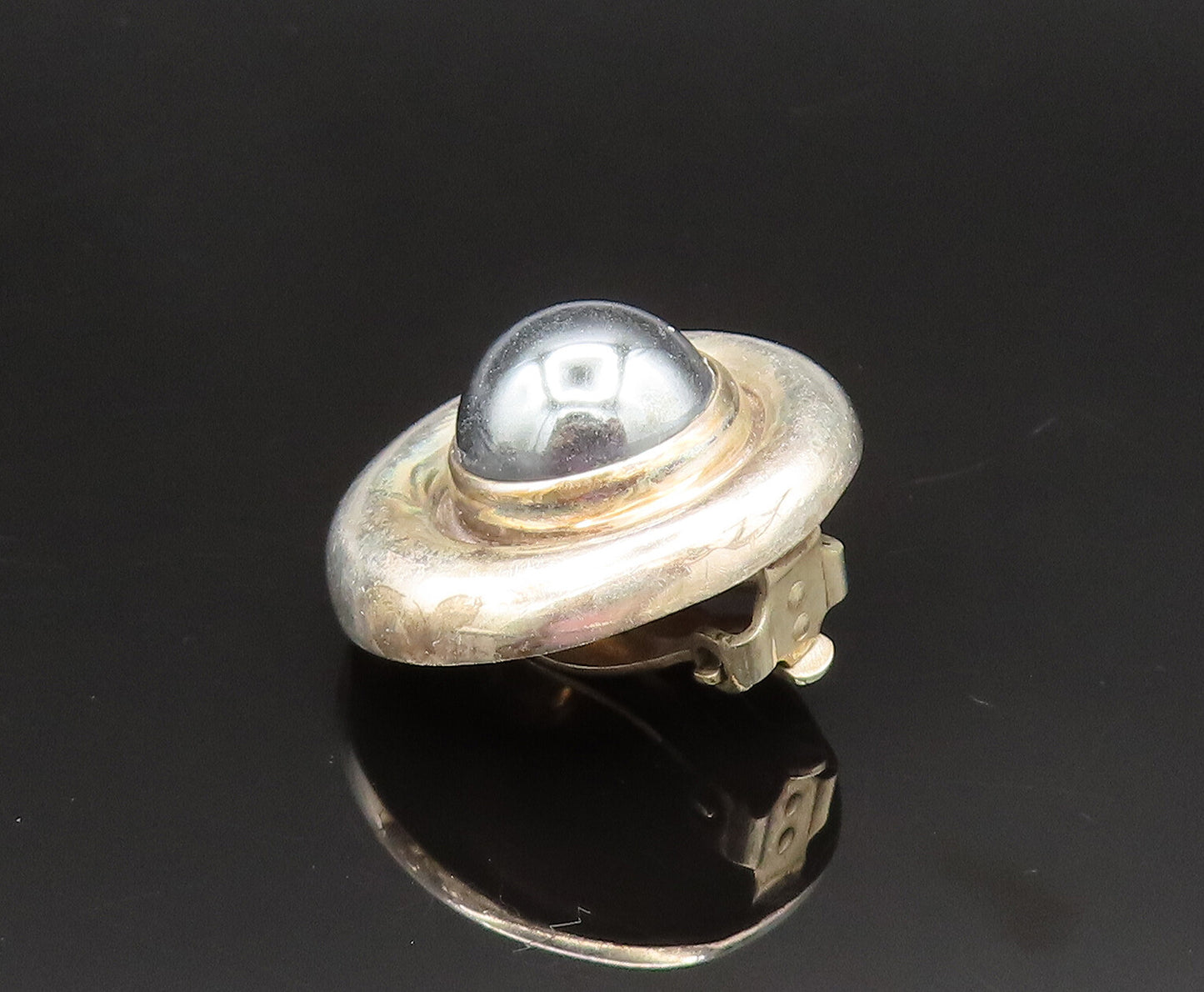 925 Silver  Vintage Cabochon Hematite Round Non Pierced Earrings  EG11921