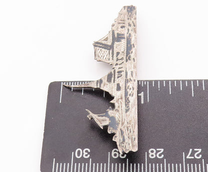 925 Sterling Silver Vintage Brooch Pin JAPANESE Antique Landscape Carved BP10968