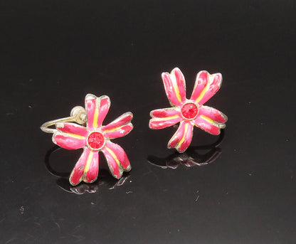 925 Silver  Vintage Enamel & Red Spinel Floral Screw Back Earrings  EG11733