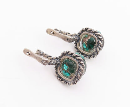 925 Sterling Silver Vintage Earrings Green Gemstone Twisted Rope Drop  EG14213