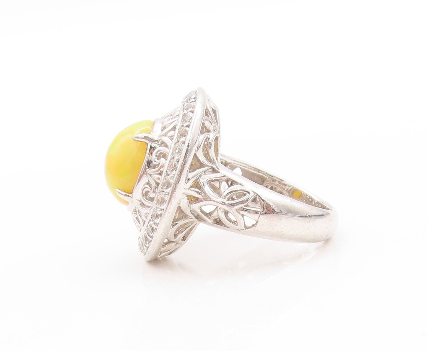 925 Sterling Silver Vintage Ring Oval Fire Opal Halo Topaz Bands  Sz 5  RG32724