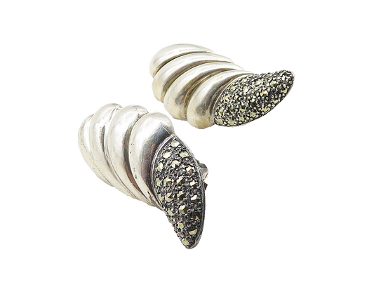 925 Sterling Silver  Vintage Marcasite Fluted Wing Design Drop Earrings EG5881