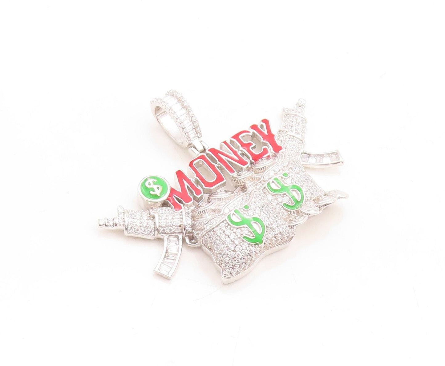 925 Sterling Silver Vintage Pendant CZ Inlay AK47 & Carved Money Cutout  PT23768