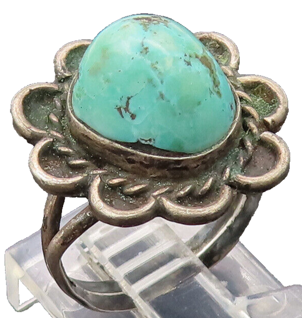 925 Silver Vintage Antique Southwestern Turquoise Carved Ring Sz 6 RG27250