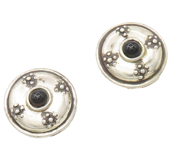 925 Sterling Silver  Vintage Black Onyx Floral Dome Drop Earrings  EG8880
