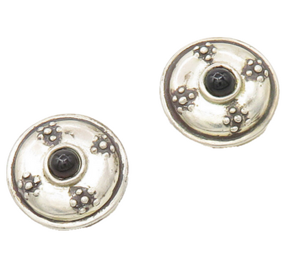 925 Sterling Silver  Vintage Black Onyx Floral Dome Drop Earrings  EG8880