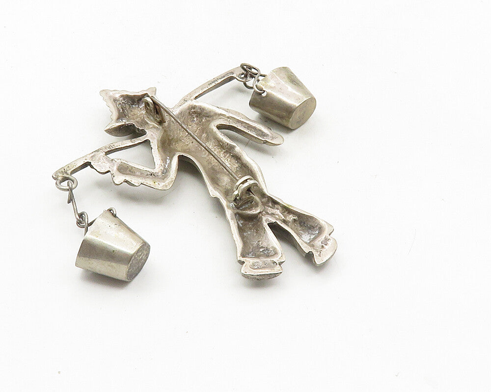 925 Sterling Silver  Vintage Dark Tone Man Carrying Buckets Brooch Pin  BP3918