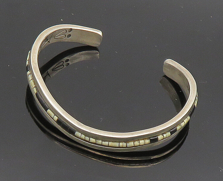 NAVAJO 925 Sterling Silver  Vintage Black & White Onyx Cuff Bracelet  BT8060