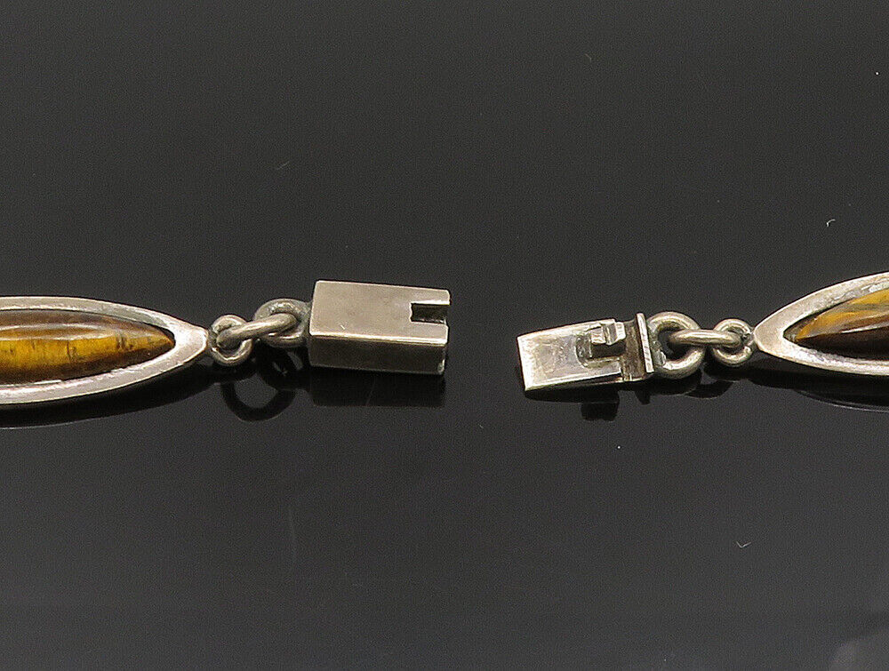 MEXICO 925 Sterling Silver Vintage Tiger's Eye Needlepoint Link Necklace  NE3850