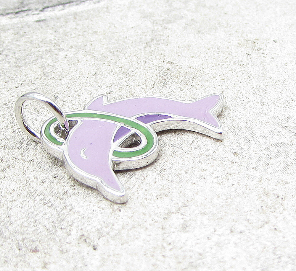 925 Sterling Silver  Enamel Hoop Jumping Dolphin Charm Pendant  PT1440