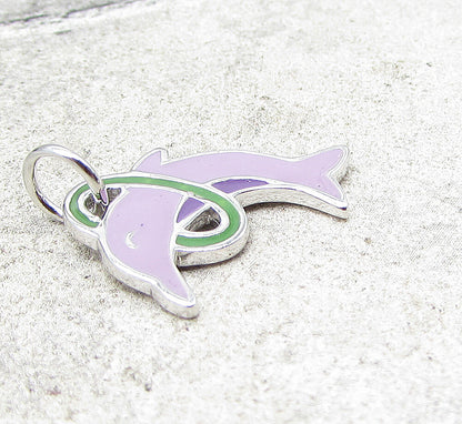 925 Sterling Silver  Enamel Hoop Jumping Dolphin Charm Pendant  PT1440