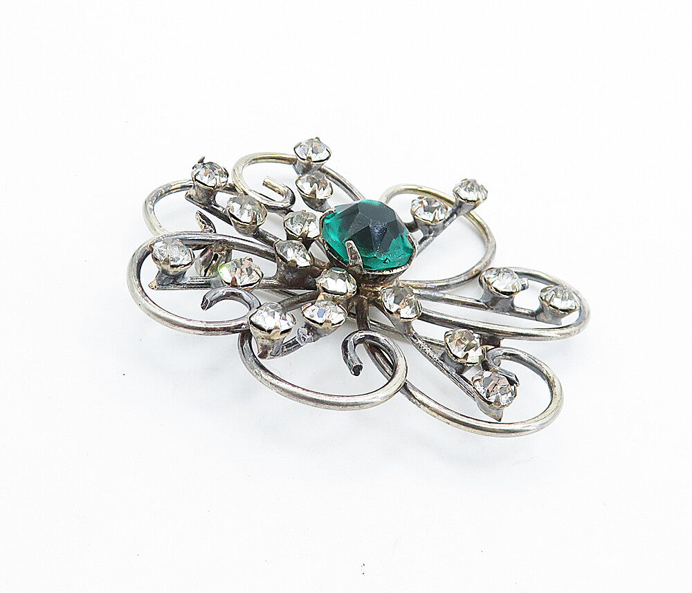 925 Sterling Silver  Vintage Green & White Topaz Floral Brooch Pin  BP2604