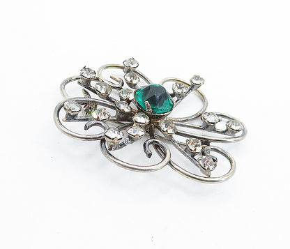 925 Sterling Silver  Vintage Green & White Topaz Floral Brooch Pin  BP2604