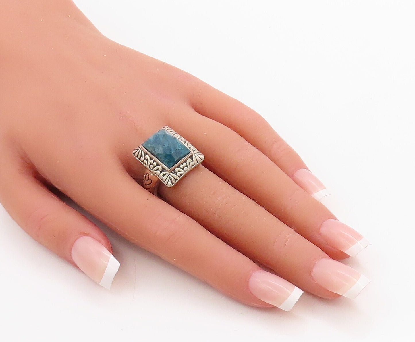 925 Sterling Silver Vintage Ring Rectangle Blue Framed Gemstone  Sz 8  RG30528