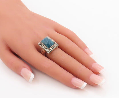 925 Sterling Silver Vintage Ring Rectangle Blue Framed Gemstone  Sz 8  RG30528