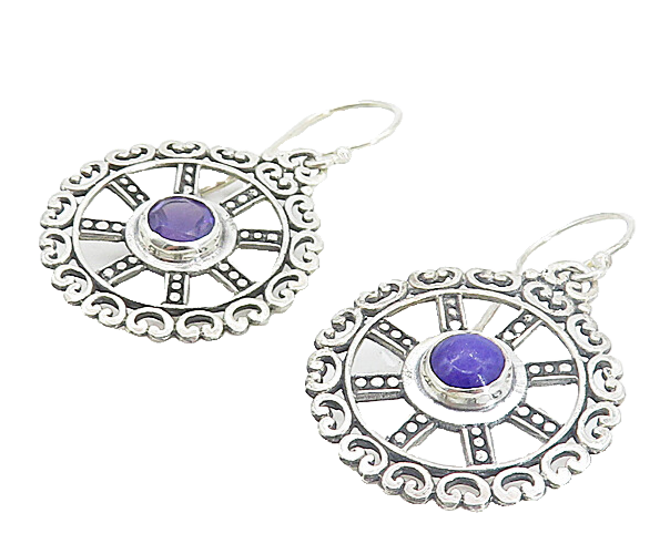 925 Sterling Silver  Amethyst Round Open Design Shiny Dangle Earrings  EG3799