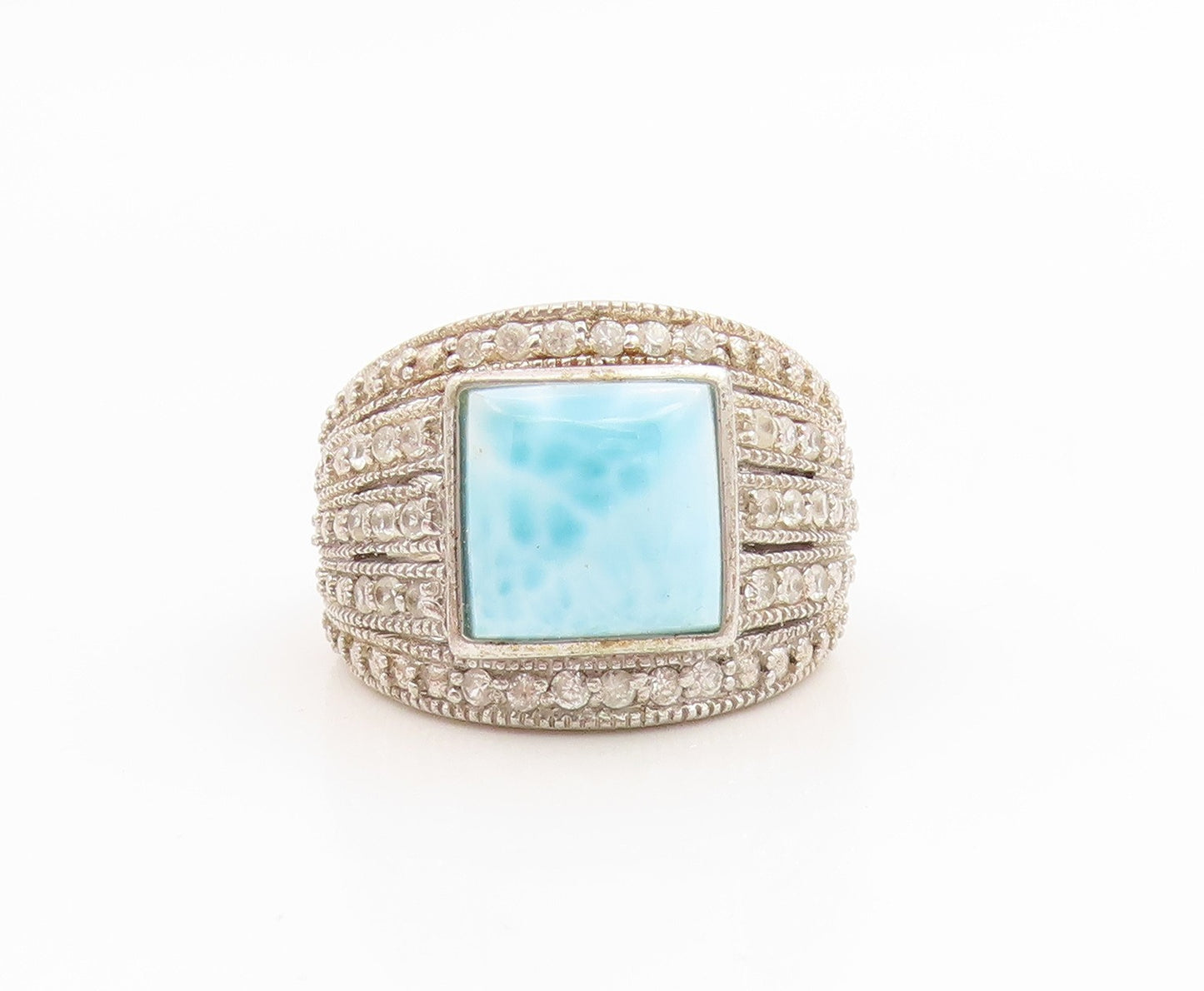 925 Sterling Silver Vintage Ring Larimar & Multi Row Topaz Band  Sz 5  RG35954
