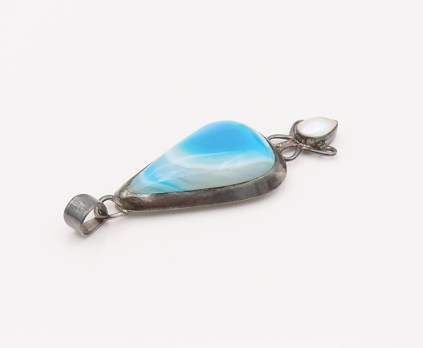 925 Silver  Vintage Blue and white Shaded Pearl Drop Shape Pendant  PT22055
