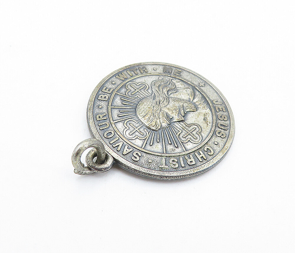 925 Sterling Silver Vintage Antique Oxidized Jesus Be With Me Pendant PT4087