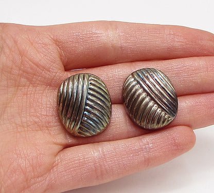 925 Sterling Silver  Vintage Carved Lines Oval Stud Earrings  EG1985