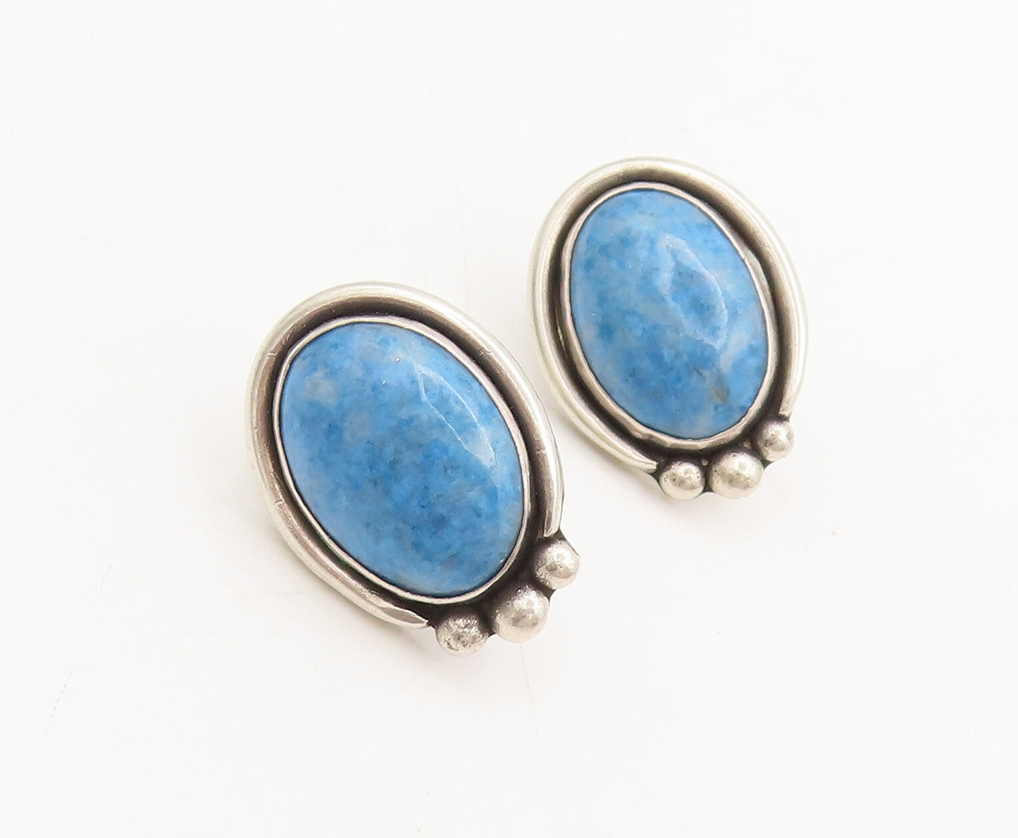 925 Silver  Vintage Oval Blue Aventurine Halo Solid Border Earrings  EG12586
