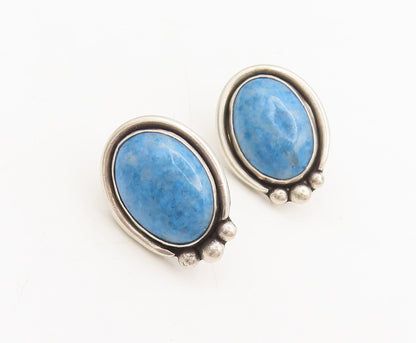 925 Silver  Vintage Oval Blue Aventurine Halo Solid Border Earrings  EG12586