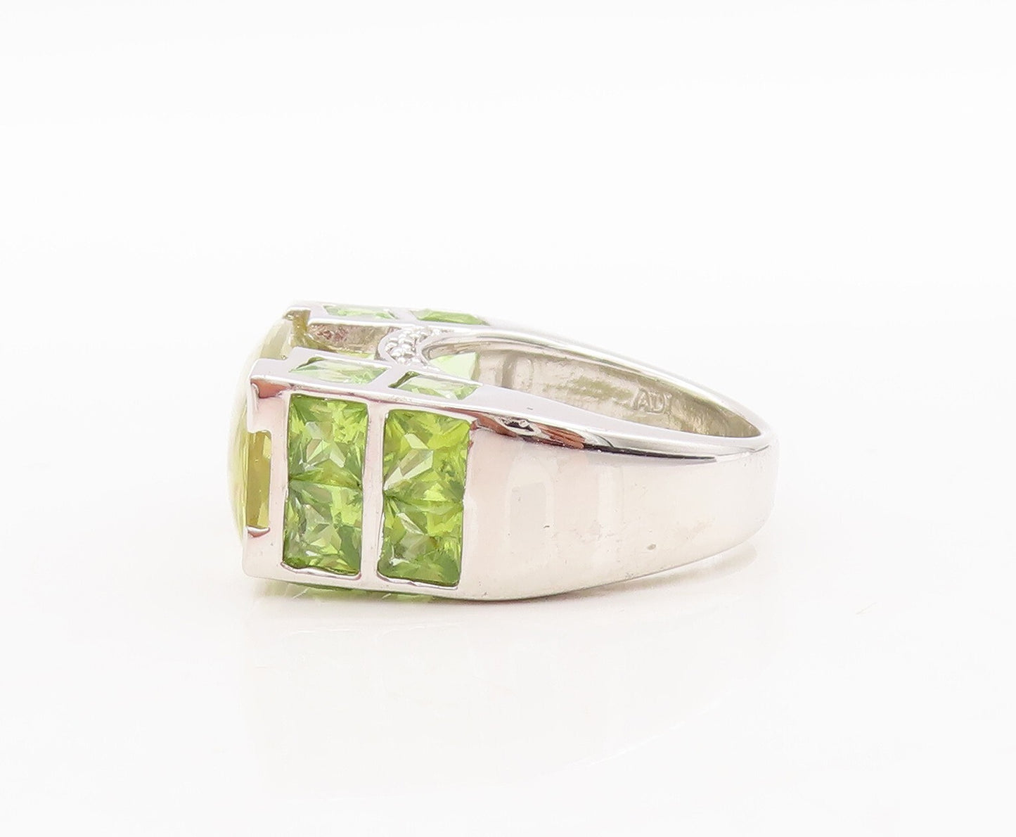 925 Sterling Silver Vintage Ring Cube Cut Peridot & Diamonds Inlay  Sz 6 RG29564