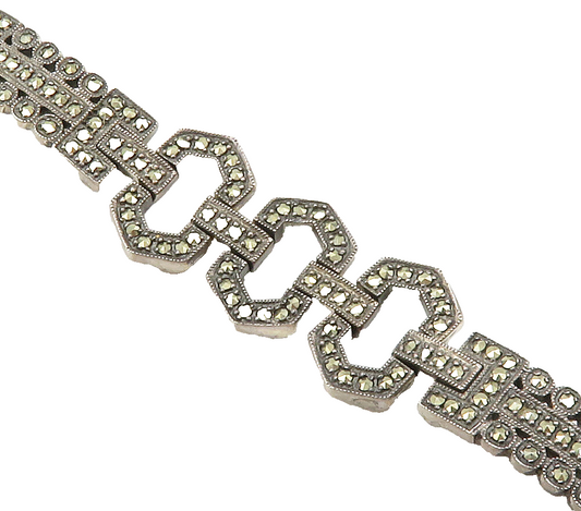 925 Sterling Silver  Vintage Sparkling Marcasite Hinge Chain Bracelet  BT5915