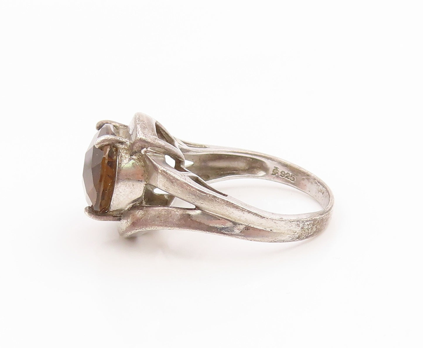 925 Sterling Silver Vintage Ring Modernist Smoky Quartz Band  Sz 7.5  RG36252