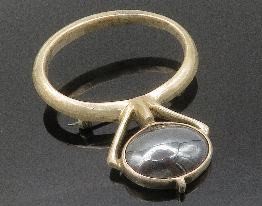 MEXICO 925 Silver  Vintage Cabochon Cut Hematite Open Oval Brooch Pin  BP4998