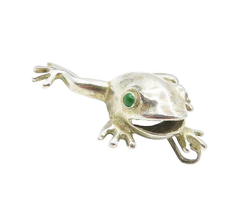 925 Sterling Silver  Vintage Green Stone Shiny Frog Motif Pendant  PT6671