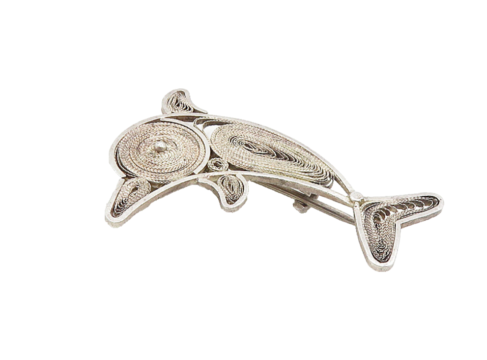 925 Sterling Silver  Vintage Antique Filigree Dolphin Motif Brooch Pin  BP3516