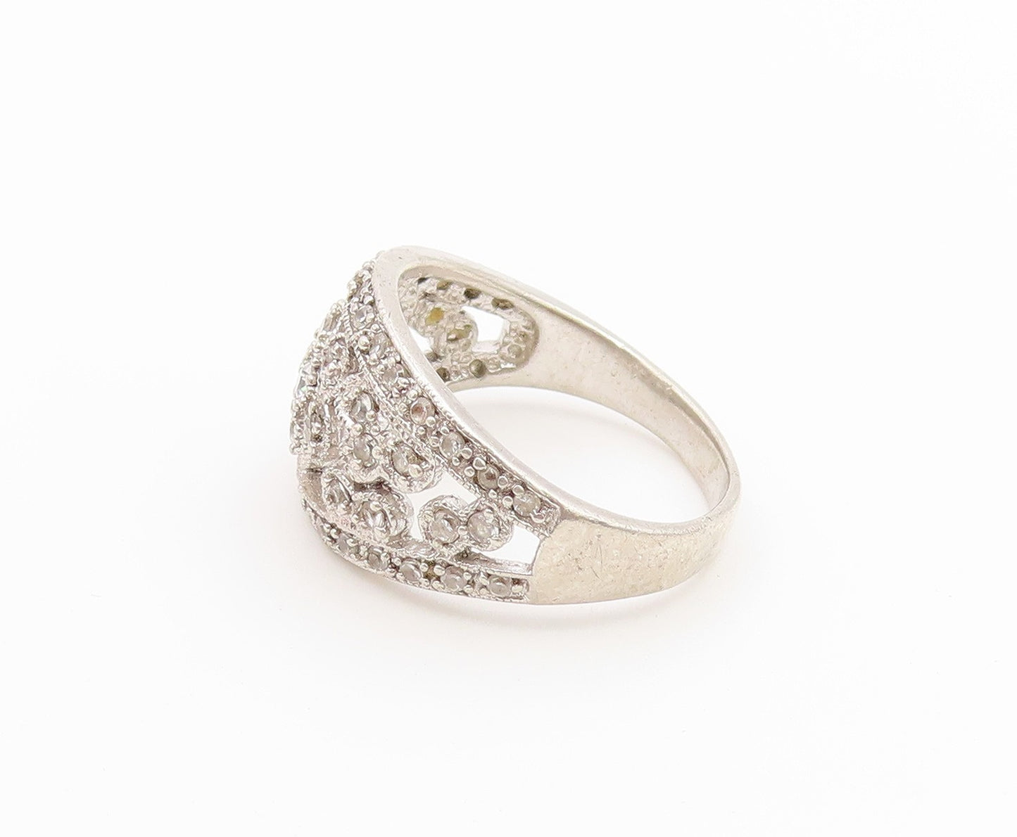 925 Sterling Silver Vintage Ring CZ Open Floral Statement Band  Sz 8  RG36885