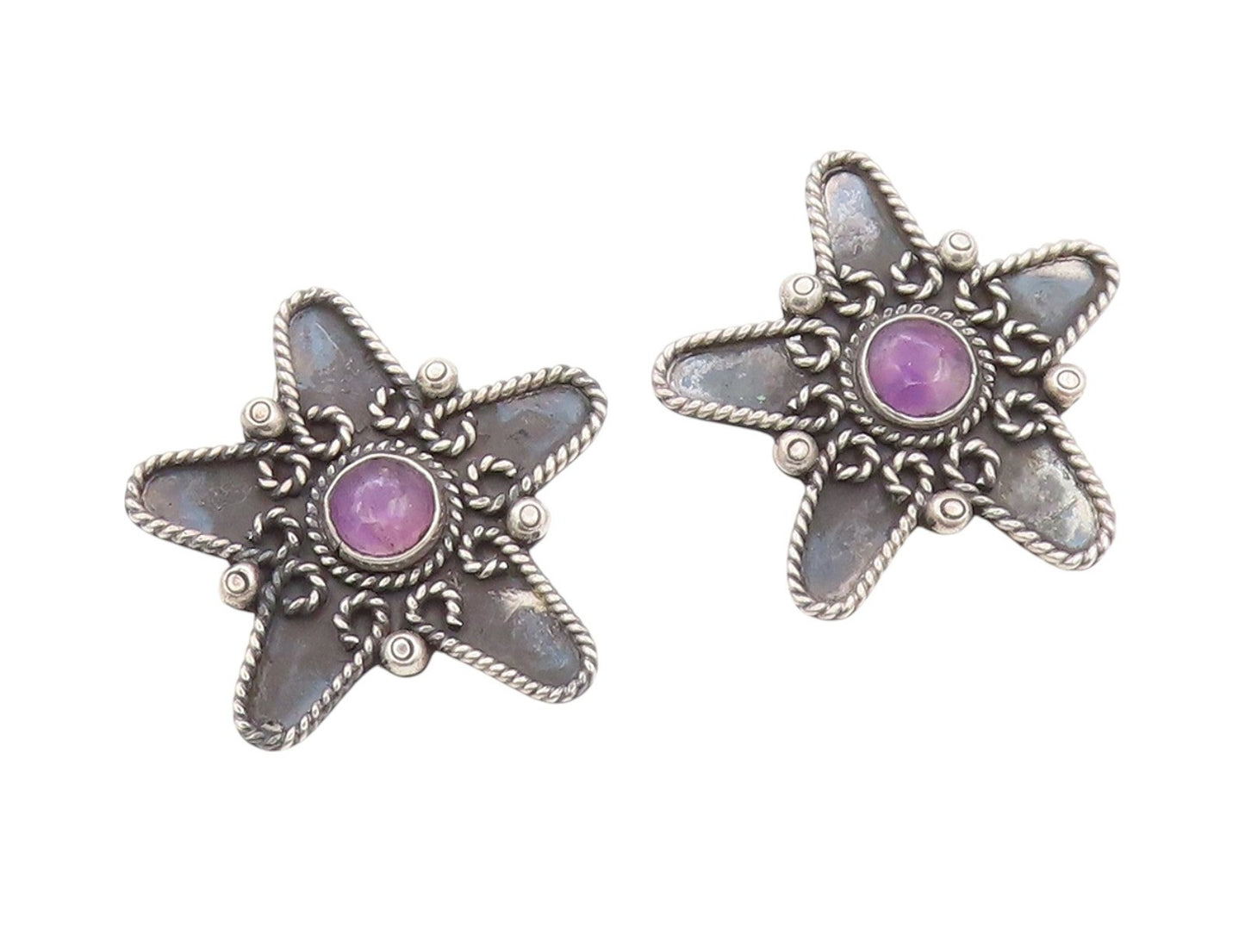 925 Sterling Silver Vintage Earrings MEXICO Cabochon Amethyst Star  EG13478