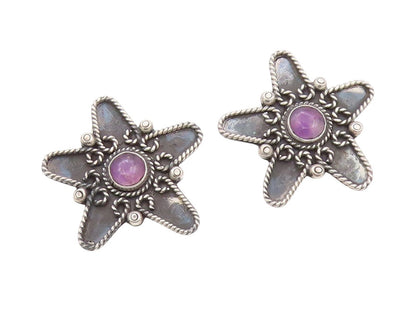 925 Sterling Silver Vintage Earrings MEXICO Cabochon Amethyst Star  EG13478