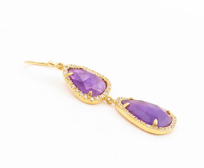 925 Sterling Silver Vintage Earrings Gold Plated Amethyst Halo Sapphire  EG13379