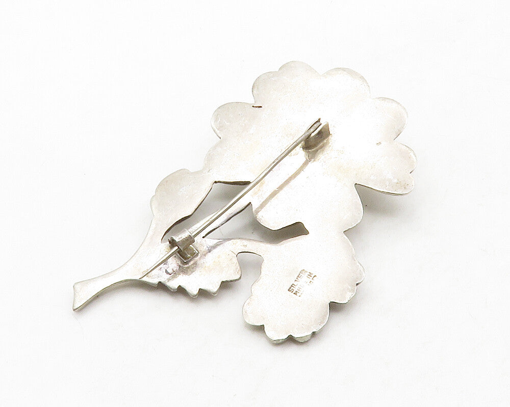 MEXICO 925 Sterling Silver  Vintage Antique Jasper Flowers Brooch Pin  BP5044