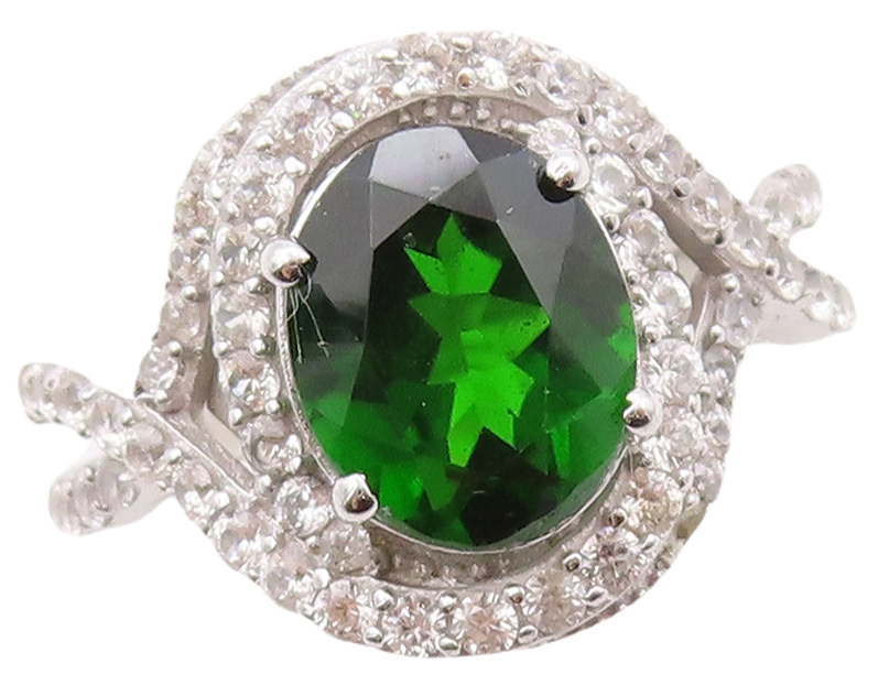 925 Sterling Silver Vintage Ring Oval Cut Green Halo White CZ  Sz 7 RG30854